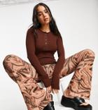 Collusion Knitted Ribbed Long Sleeve Top With Button Detail In Brown