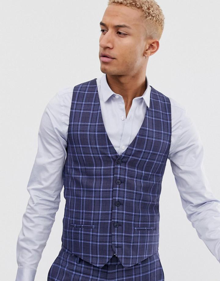 River Island Suit Vest In Blue Check - Blue