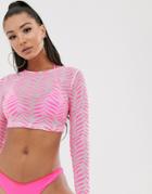 Asos Design Jersey Mesh Beach Crop Top In Neon Pink Tiger Burnout - Multi