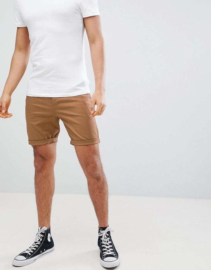 Asos Design Slim Chino Shorts In Camel - Brown