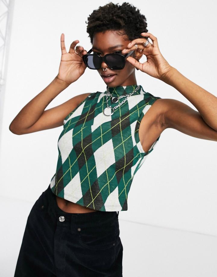 Noisy May High Neck Knitted Vest In Green Argyle Check-gray