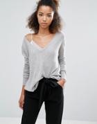Subtle Luxury Cashmere Asymmetrical V Neck Sweater - Gray