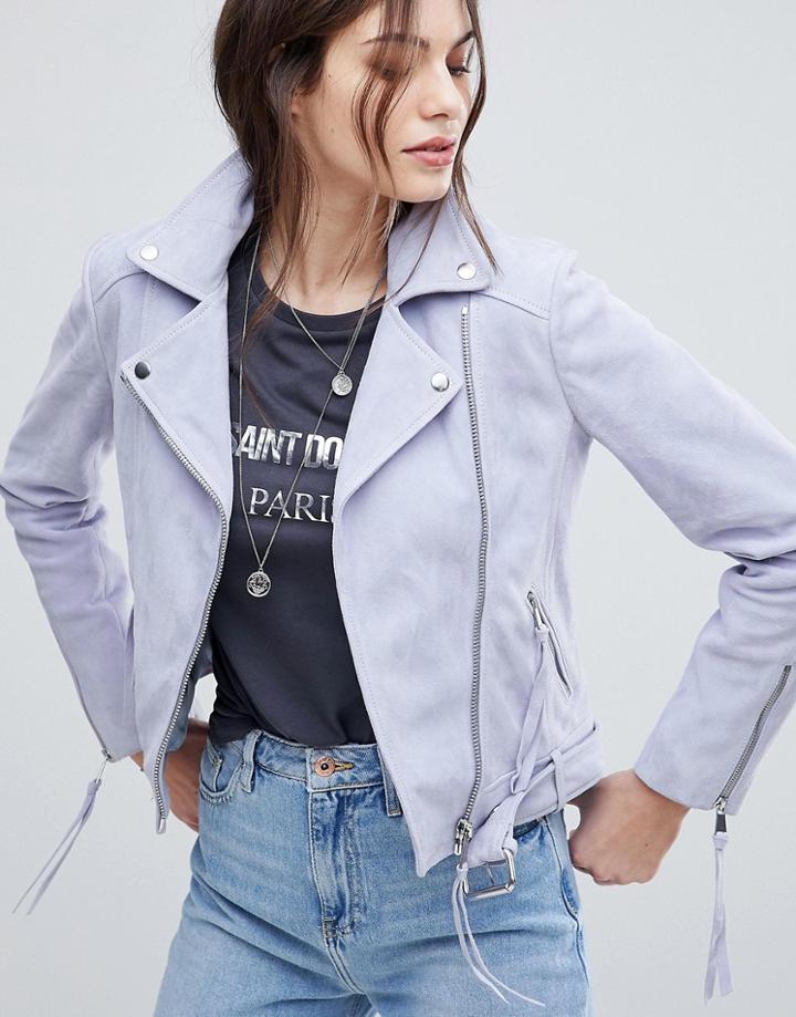 Lab Suede Biker Jacket With Belt - Purple