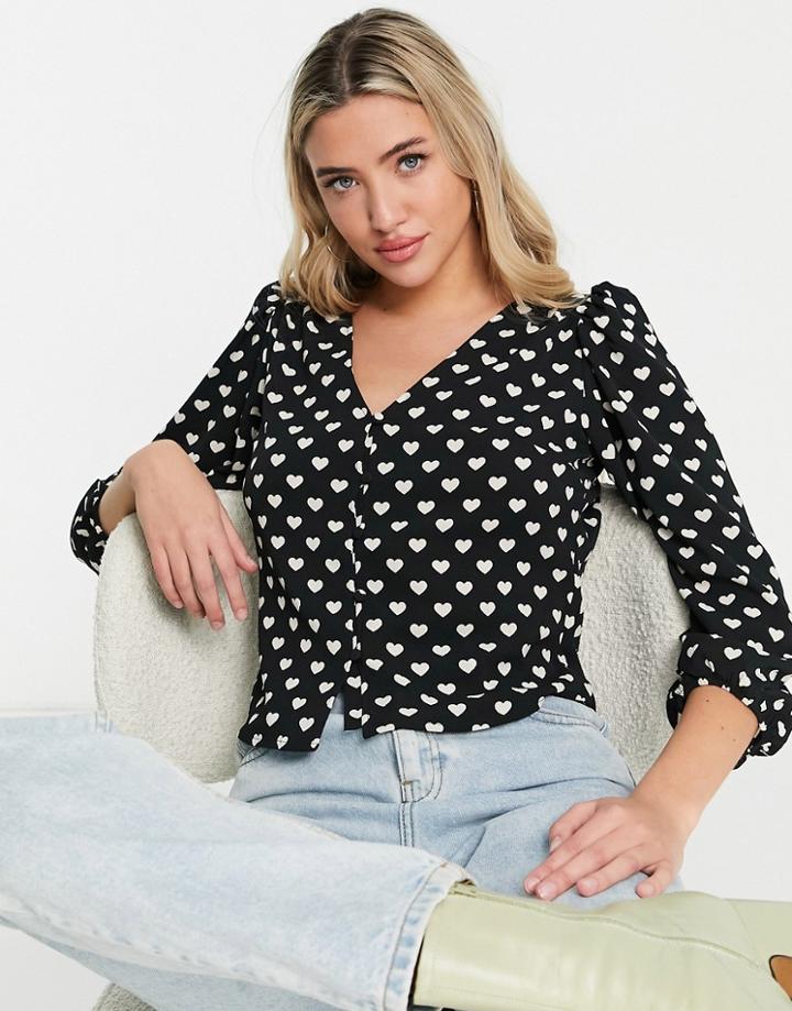 Monki Heart Print Blouse In Black - Black
