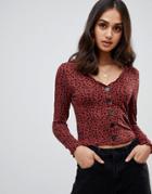 Asos Design Button Front Top With Long Sleeve In Leopard Animal Print - Multi