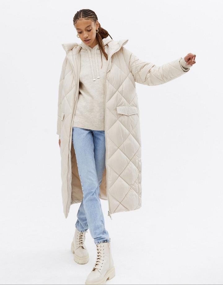 New Look Quilted Longline Puffer Coat In Stone-neutral