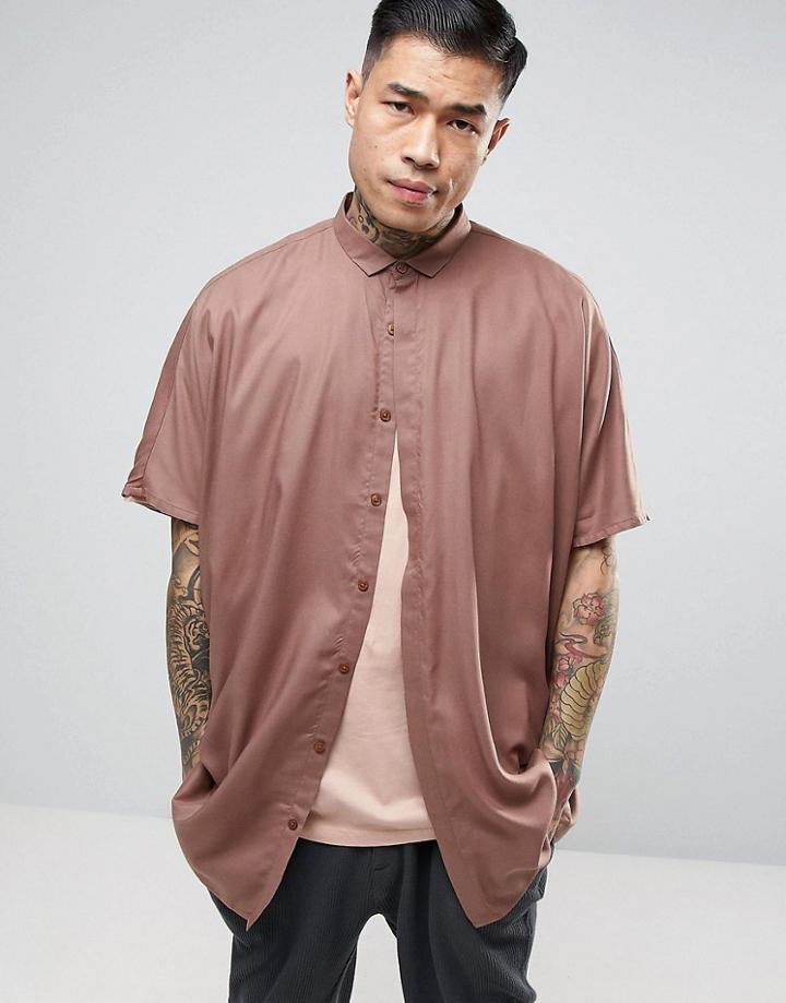 Asos Oversized Viscose Shirt With Drop Shoulder In Pink - Pink
