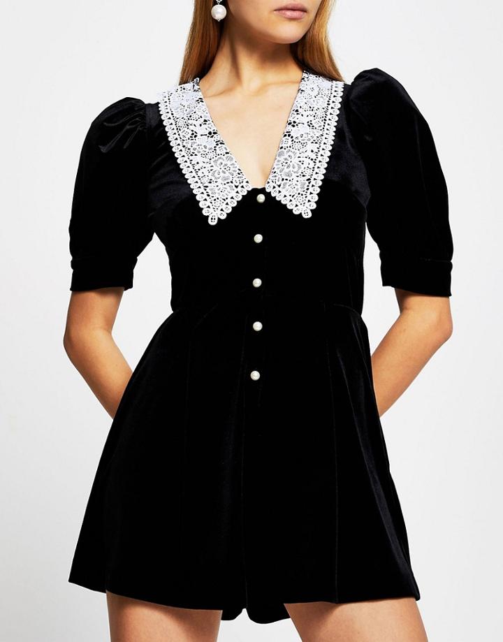 River Island Lace Collared Velvet Romper In Black