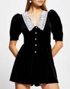 River Island Lace Collared Velvet Romper In Black