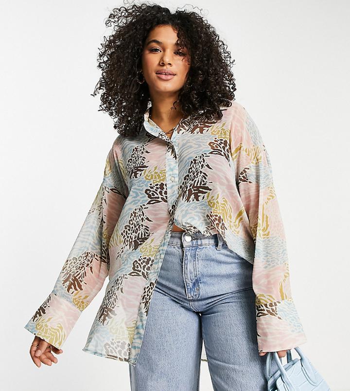 Asos Design Curve Oversized Sheer Multi Patch Animal Print Shirt