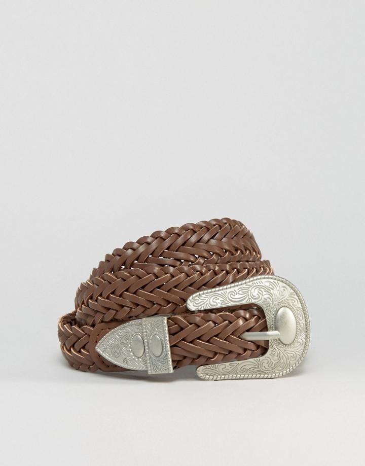 Asos Leather Plaited Western Belt - Brown