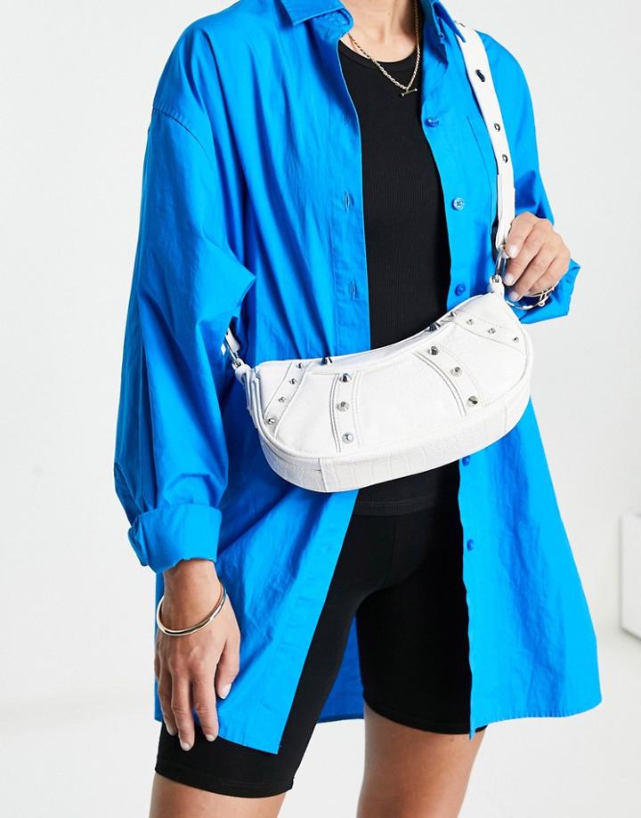 Asos Design Curved Crossbody Bag With Studding In White Croc