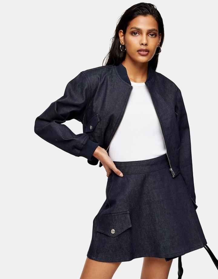 Topshop Denim Wrap Skirt In Mid Denim-blues