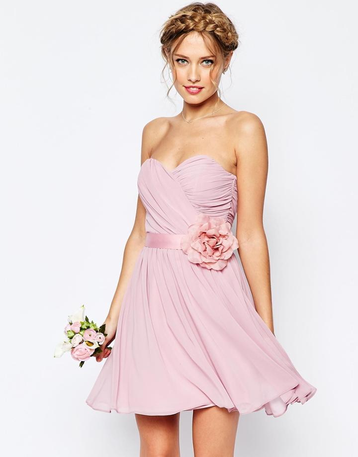 Asos Wedding Chiffon Mini Bandeau Dress With Detachable Corsage Belt - Nude