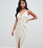 Asos Design Petite Satin Midi Dress With Knot Front And Plunge Neck-multi