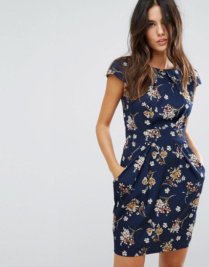 Qed London Floral Tulip Pencil Dress - Navy