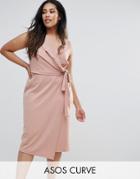 Asos Curve Wrap Front Midi Pencil Dress With Tie Detail - Pink