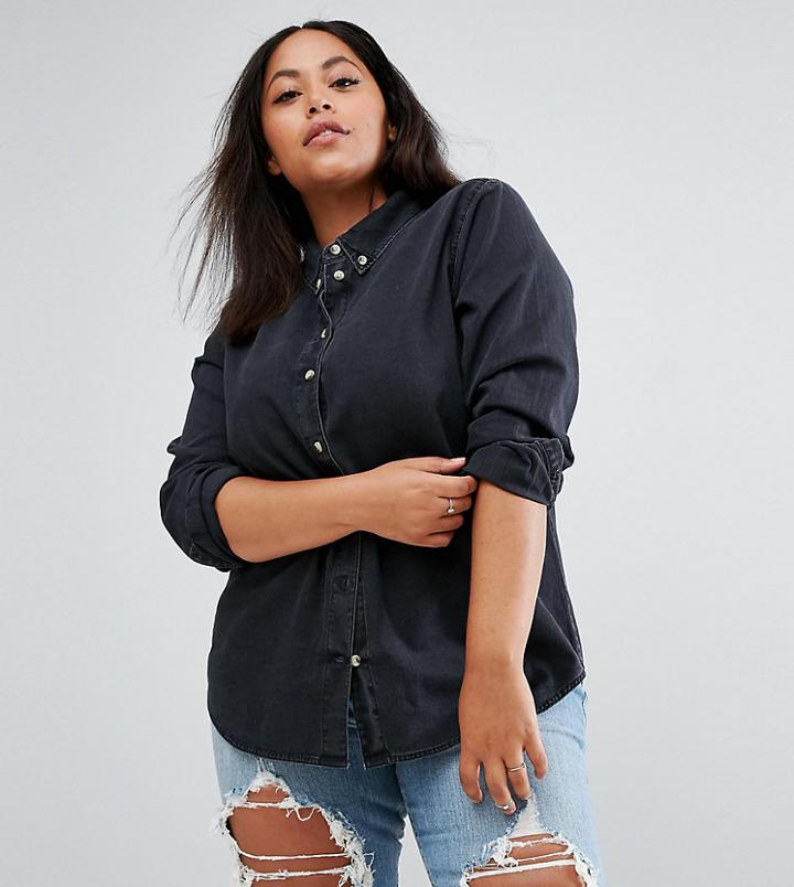 Asos Design Curve Denim Shirt In Washed Black - Black