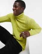 Asos Design Lambswool Cable Knit Roll Neck Sweater In Lime Green