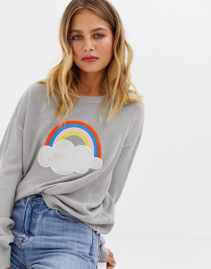 Brave Soul Sweater With Rainbow Cloud Applique - Gray