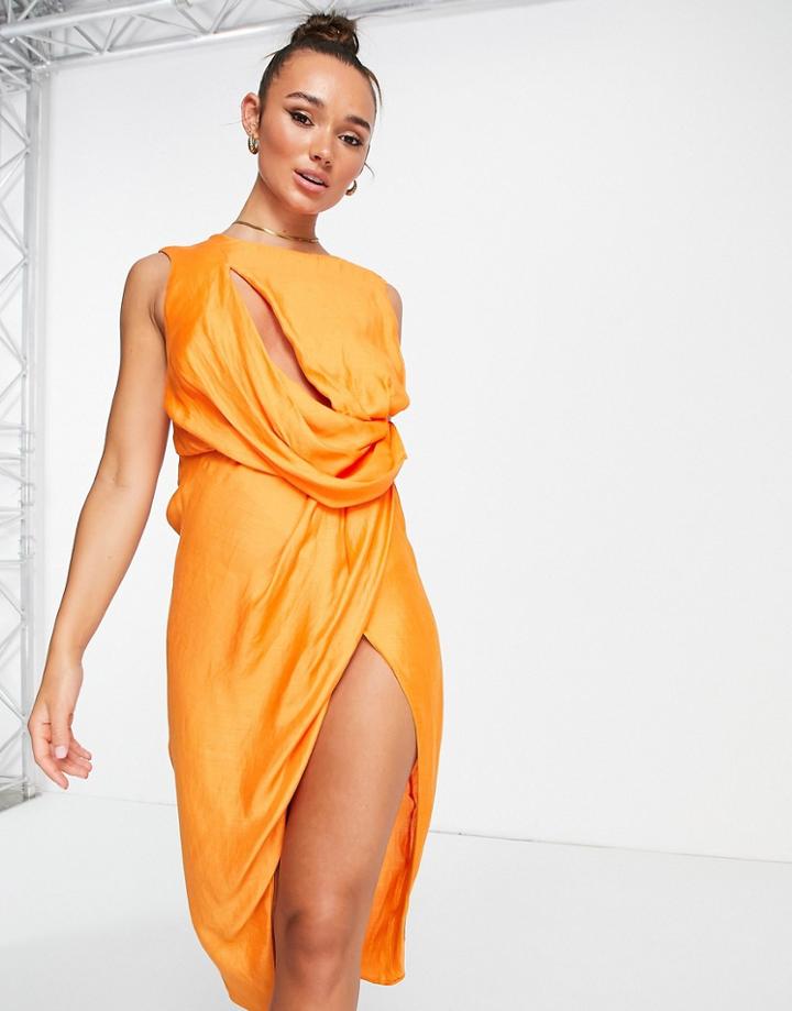 Asos Design Drape Bodice Midi Dress With Slit Detail In Orange
