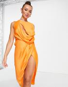 Asos Design Drape Bodice Midi Dress With Slit Detail In Orange
