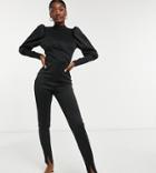 Asos Design Tall Puff Sleeve Open Back Scuba Jumpsuit With Leg Slit-black