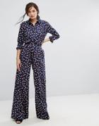 People Tree X V & A Organic Cotton Wide Leg Pants In Seed Print Co-ord - Navy