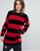 Asos All Over Stripe Fluffy Sweater In Black Red - Red