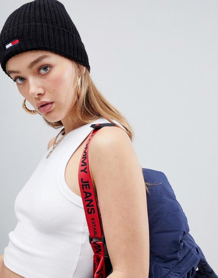 Tommy Jeans Knitted Beanie With Small Logo Embroidery - Black