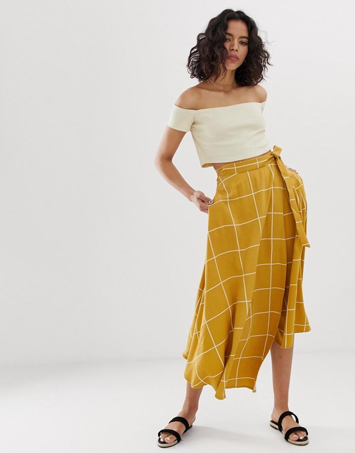 Native Youth Midaxi Wrap Skirt In Grid Check - Brown
