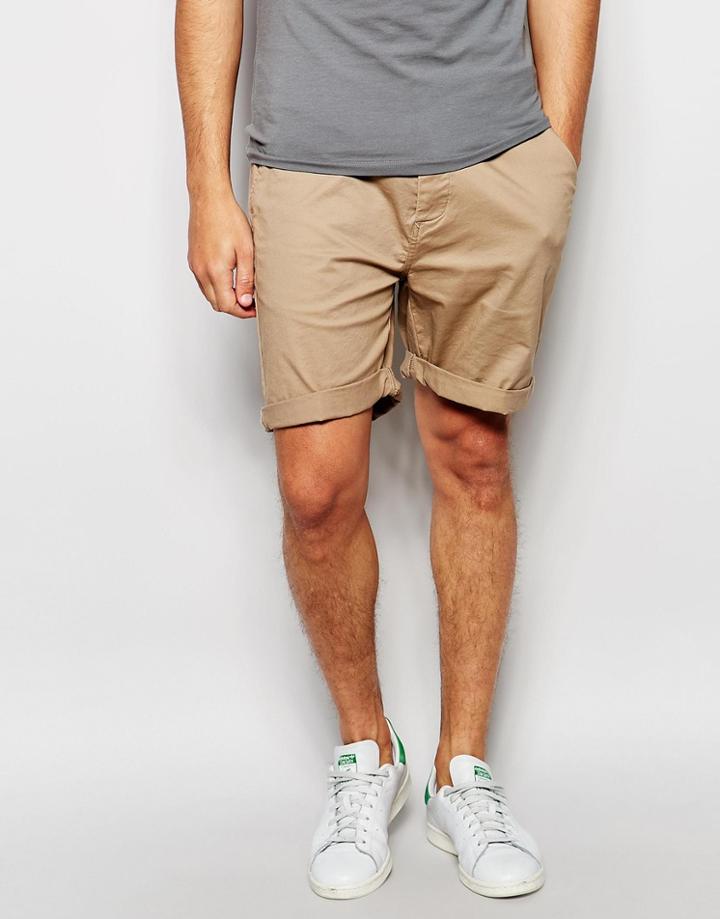Asos Slim Chino Shorts In Mid Length - Stone