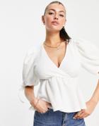 River Island Puff Sleeve Wrap Top In White