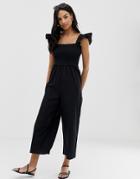 Asos Design Shirred Frill Sleeve Jumpsuit-black