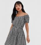 Brave Soul Petite Off Shoulder Dress In Gingham With Button Front-black