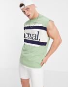 Asos Actual Oversized Tank With Horizontal Stripe Detail And Logo Print In Green
