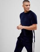 Asos Relaxed Longline T-shirt In Velour With Polytricot Side Panel And Piping - Navy