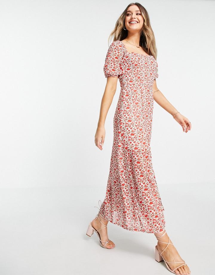 In The Style X Jac Jossa Puff Sleeve Maxi Dress With Thigh Slit In Red Floral Print-multi
