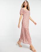 In The Style X Jac Jossa Puff Sleeve Maxi Dress With Thigh Slit In Red Floral Print-multi