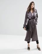 Asos Trench In Luxe Satin Fabric - Charcoal