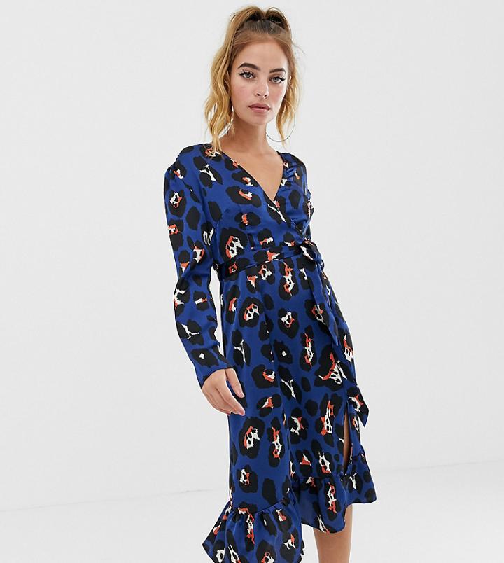 Boohoo Petite Exclusive Wrap Midi Dress In Blue Leopard Print - Multi