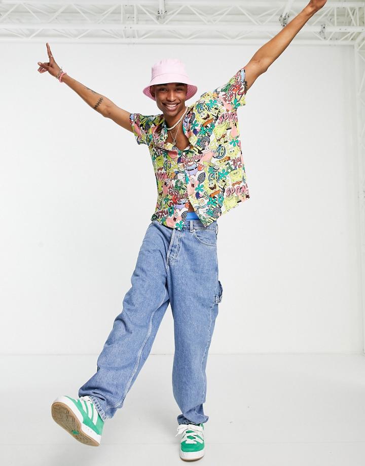 Asos Design Relaxed Revere Shirt In Bright Spongebob Character Print-multi
