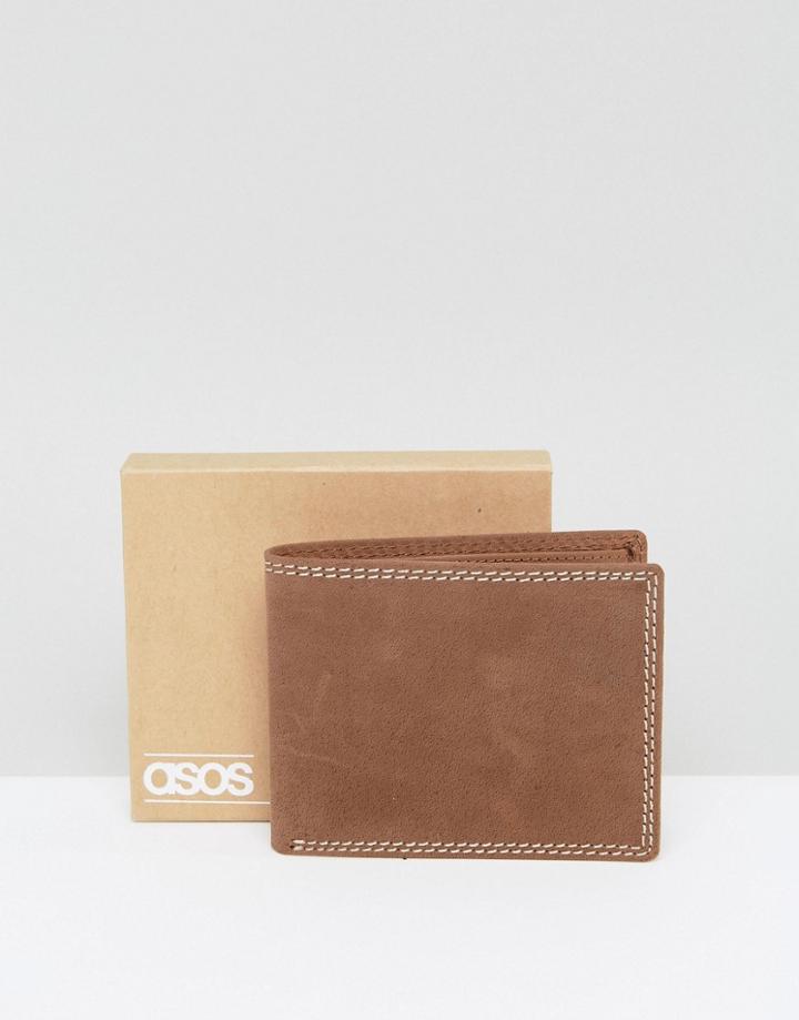 Asos Distressed Leather Wallet With Contrast Stitching - Brown
