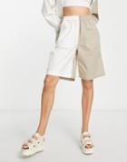Topshop Longline Woven Short In White And Beige