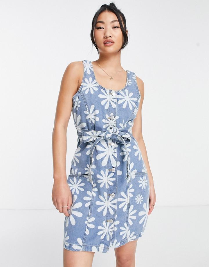 Urban Bliss Tie Waist Denim Dress In Daisy Print-blue