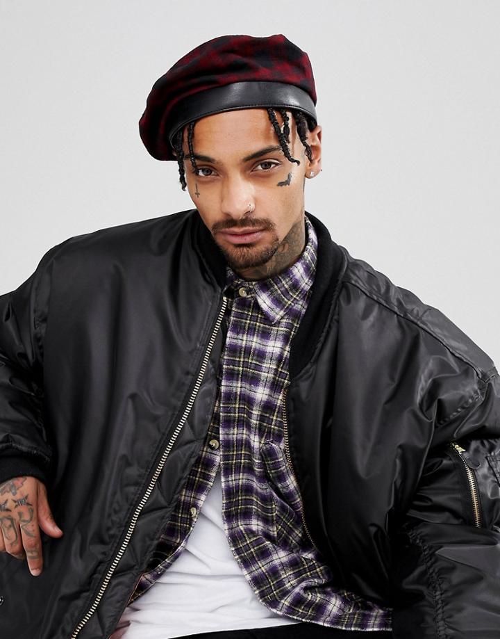 Asos Beret In Black & Red Check - Red