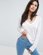Asos V-neck Long Sleeve T-shirt In Linen Mix Fabric - White