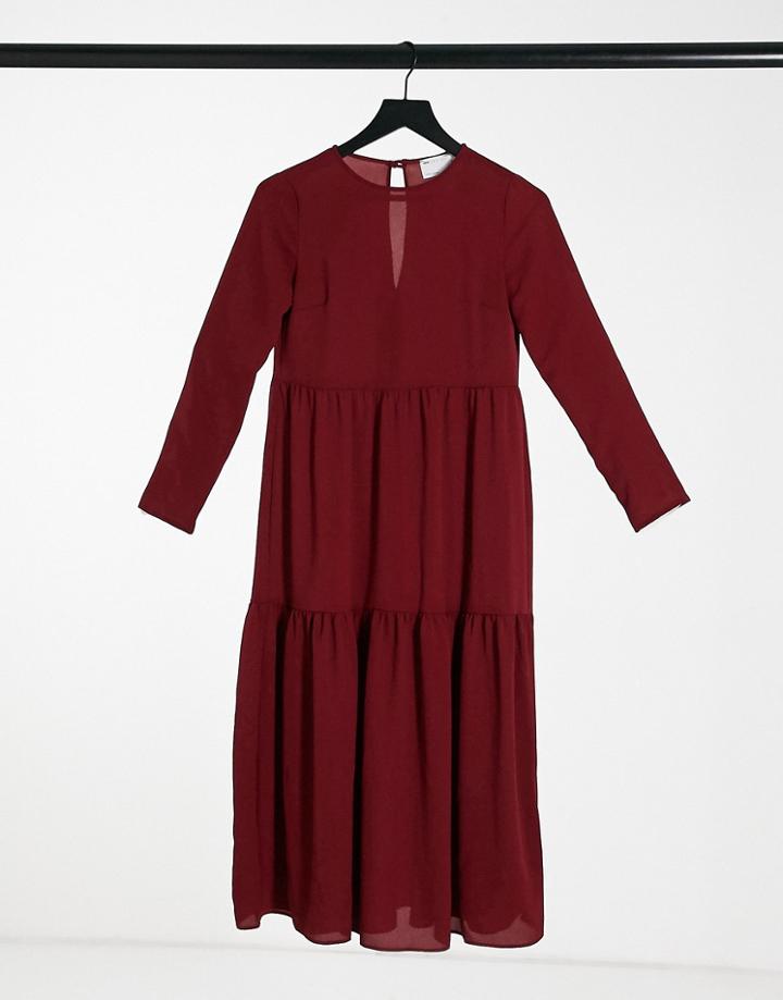 Asos Design Long Sleeve Tiered Smock Midi Dress In Oxblood