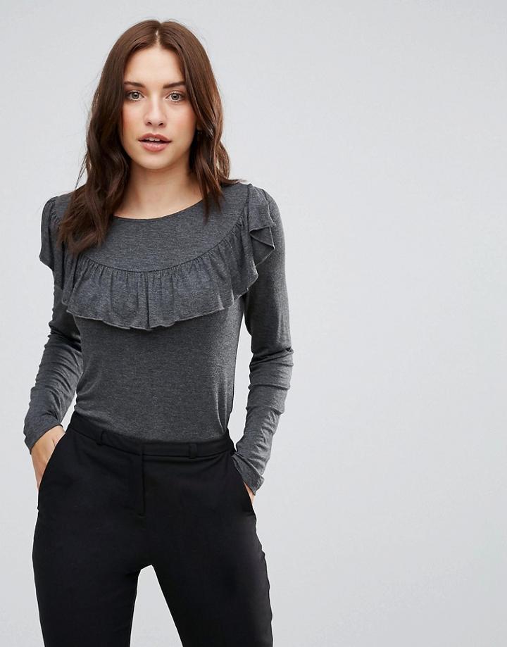 Only Flin Frill Neck Long Sleeved Top - Gray