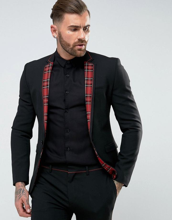 Asos Super Skinny Suit Jacket In Black With Plaid Trim - Black